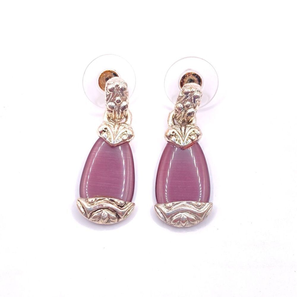 Silver purple moon glass dangle earrings